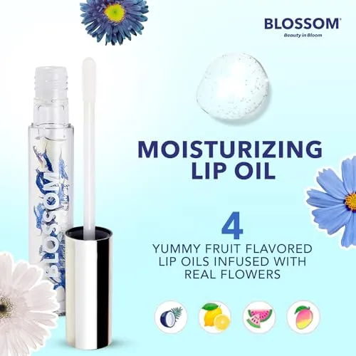 Blossom Moisturizing and Hydrating Shimmer Sparkle Lip Oil with Olive Oil   Grape Seed Oil, Infused with Real Flowers, 3g, Coconut