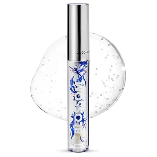 Blossom Moisturizing and Hydrating Shimmer Sparkle Lip Oil with Olive Oil   Grape Seed Oil, Infused with Real Flowers, 3g, Coconut