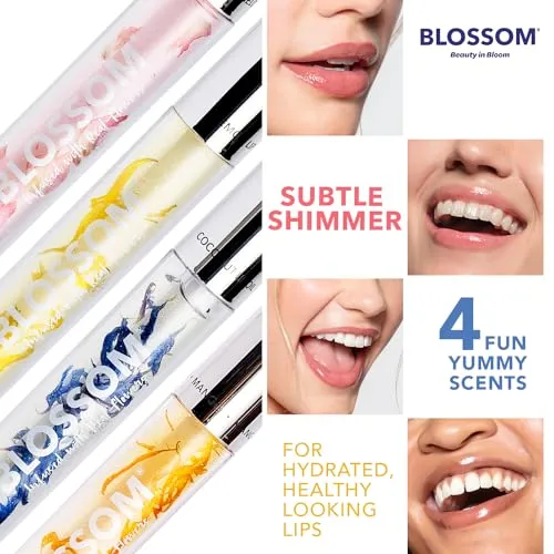 Blossom Moisturizing and Hydrating Shimmer Sparkle Lip Oil with Olive Oil   Grape Seed Oil, Infused with Real Flowers, 3g, Coconut