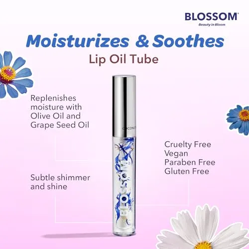 Blossom Moisturizing and Hydrating Shimmer Sparkle Lip Oil with Olive Oil   Grape Seed Oil, Infused with Real Flowers, 3g, Coconut