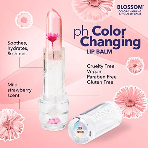 Blossom Moisturizing Custom Color Changing Crystal Lip Balm, Strawberry Scented Lip Stain Tint, Infused with Real Flowers, 3 pk, Turquoise/Pink/Purple