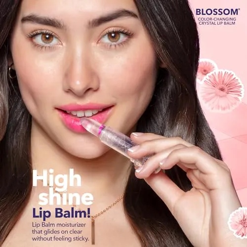Blossom Moisturizing Custom Color Changing Crystal Lip Balm, Strawberry Scented Lip Stain Tint, Infused with Real Flowers, 3 pk, Turquoise/Pink/Purple