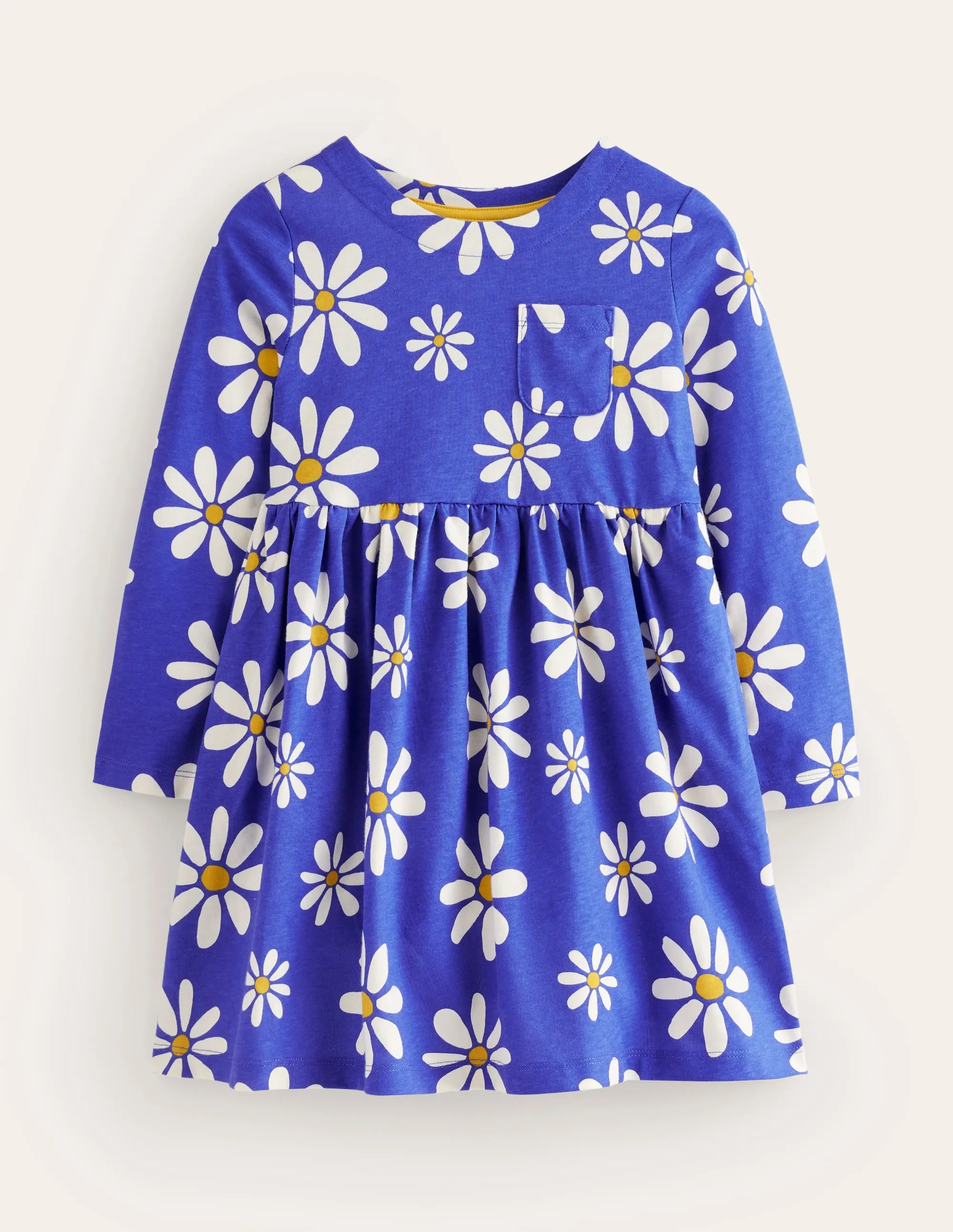 Long Sleeve Fun Jersey Dress-Sapphire Blue Daisies